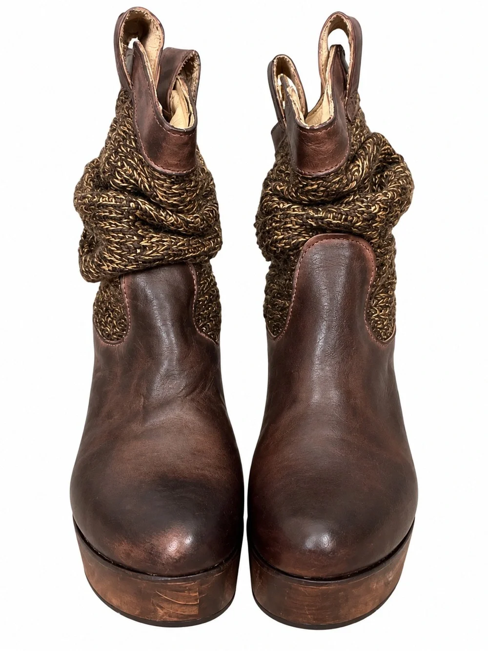 Bed Stu Brown Leather Wedge Boots with Knit Cuff